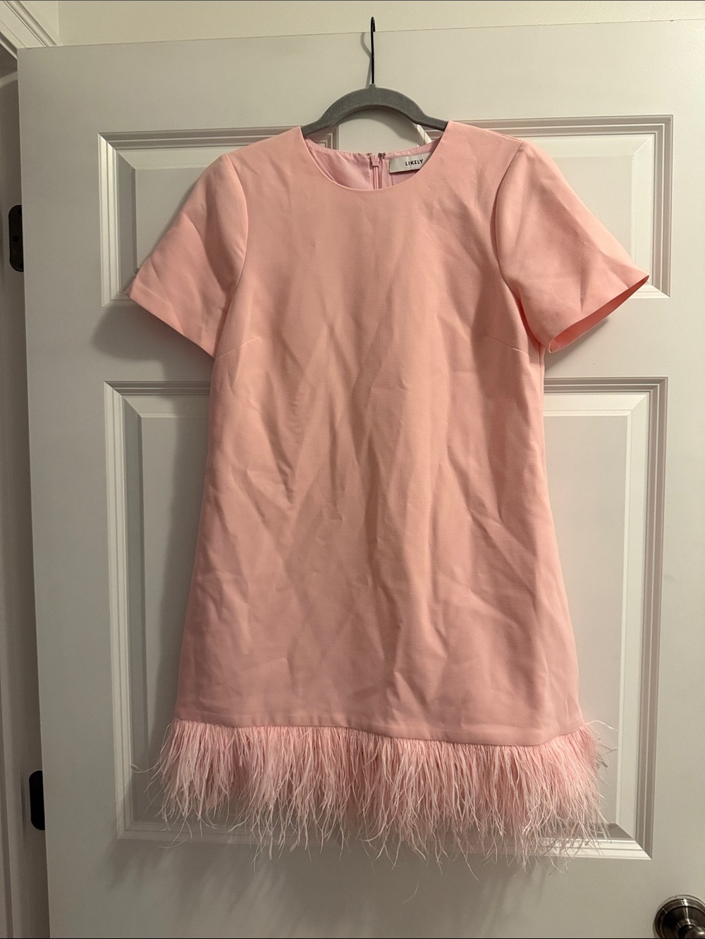 Likely Pale Pink Feather Trim Short Sleeve Shift Dress